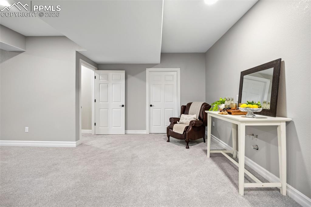 Image 28 of 49: This interior space features light grey walls and light grey carpet