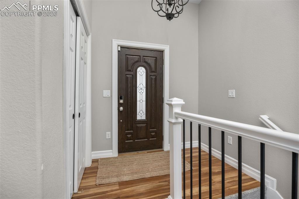 Image 6 of 49: Entryway featuring a dark wood door with decorative glass inserts, wood-loo