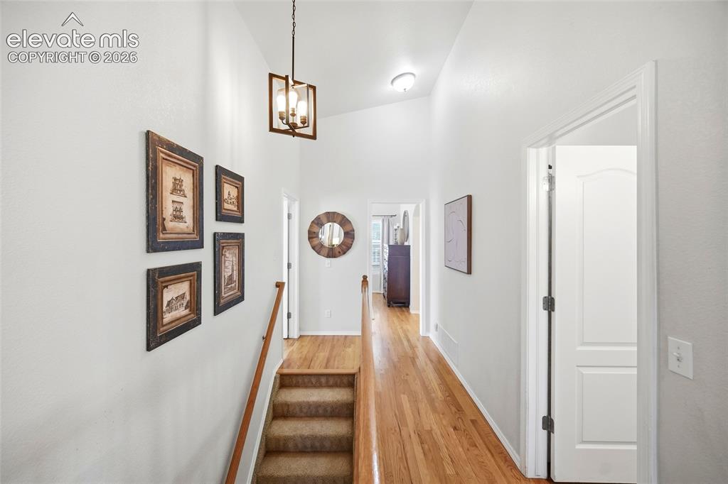 Image 20 of 50: Vaulted ceiling, wood-finish flooring, staircase with carpeted treads, wood