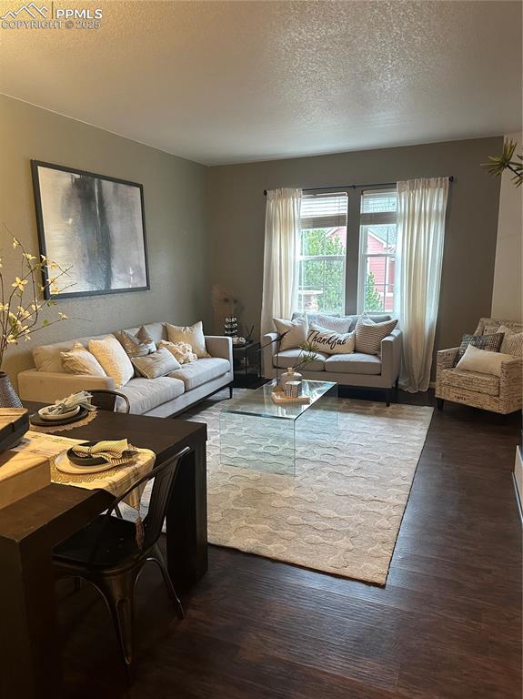 Image 12 of 38: Living room featuring a textured ceiling and dark wood-style floors