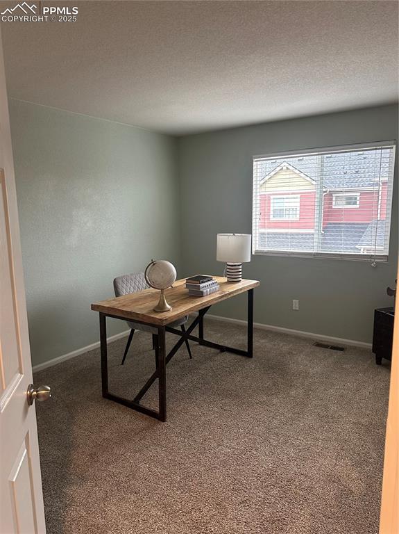Image 29 of 38: Carpeted office space with a textured ceiling and baseboards