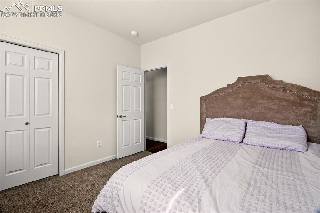 Image 25 of 43: Bedroom with dark carpet and a closet