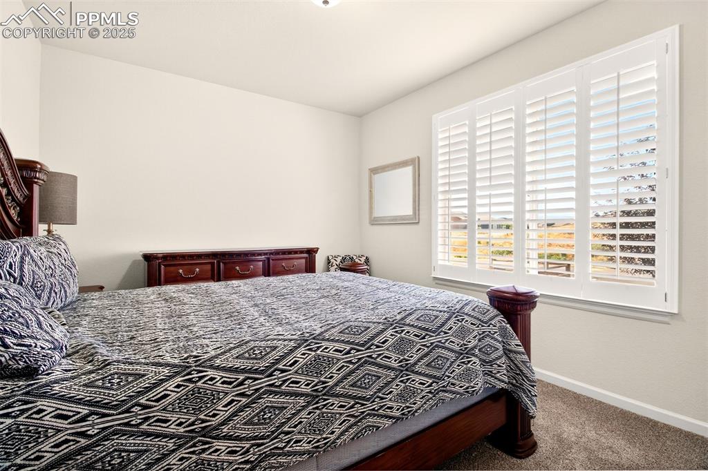 Image 28 of 43: Bedroom with dark colored carpet and baseboards