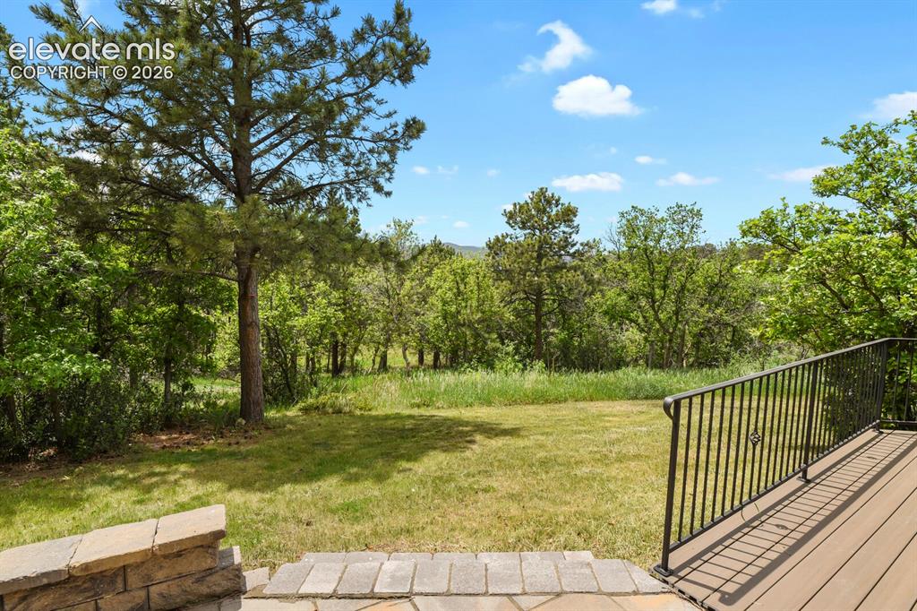 Image 37 of 49: Gently sloping backyard offering privacy and usable outdoor space.