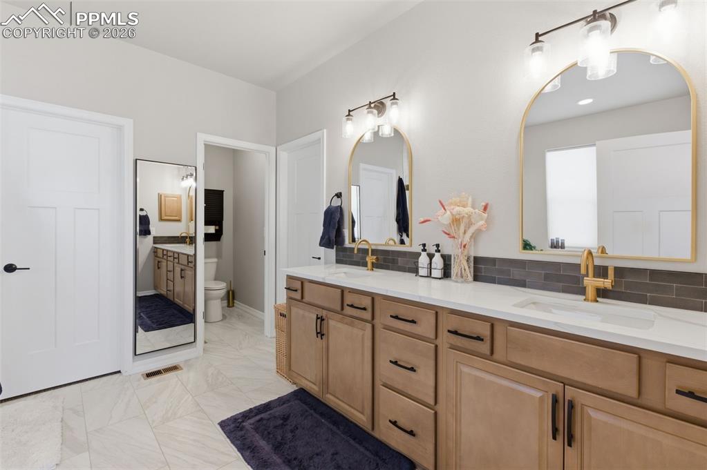 Image 18 of 44: There Are 2 Walk-In Closets & Quartz Countertops In Primary Bah