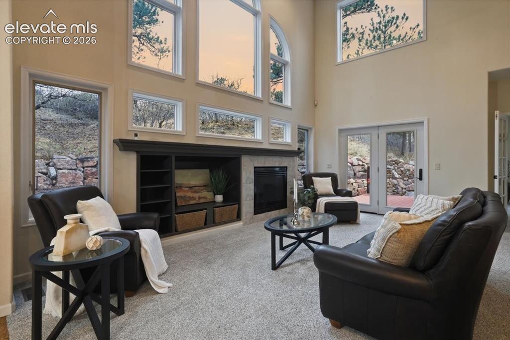 Image 45 of 48: Vaulted ceiling with an arched window, integrated fireplace, built-in shelv