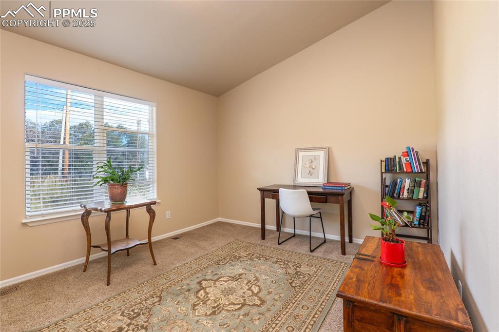 Image 17 of 25: 2nd upper level bedroom or office. Has a Great view of the Palmer Lake Star