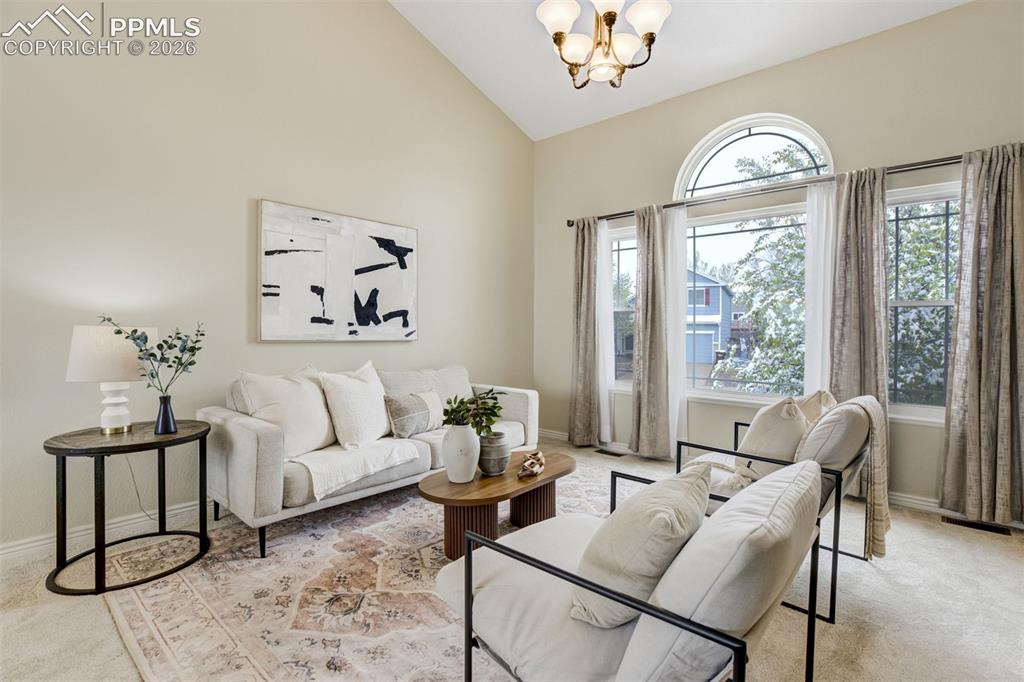 Image 5 of 46: Main level living room with vaulted ceilings. 