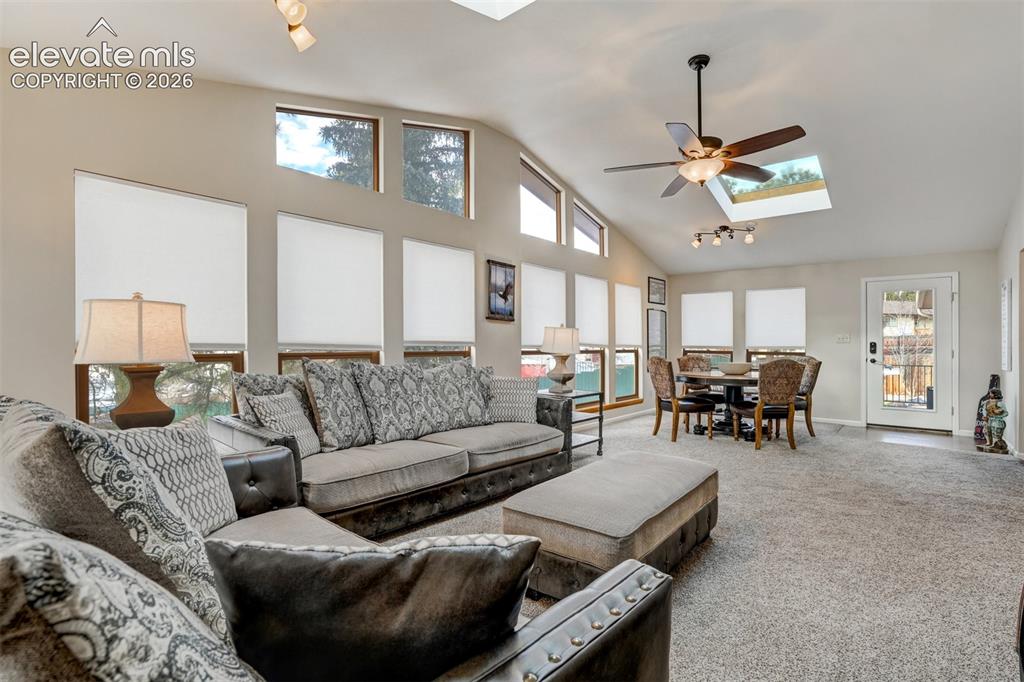 Image 19 of 50: Vaulted ceiling with a skylight, multiple windows with white roller shades,