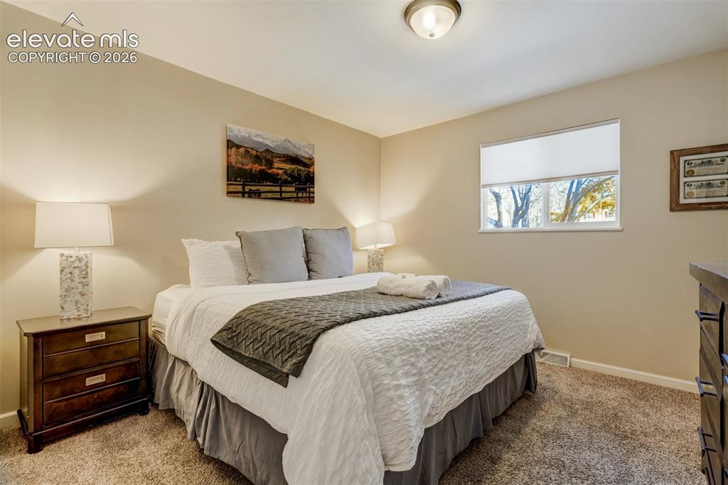 Image 23 of 50: Neutral wall paint, carpet flooring, a single window, and a flush mount cei