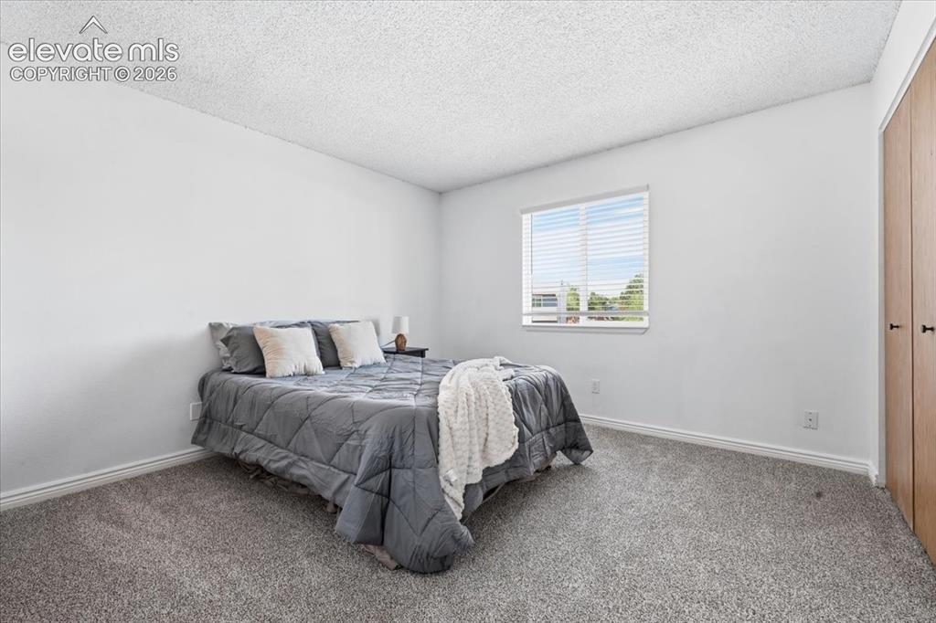 Image 15 of 27: Wall-to-wall carpeting, single window with blinds, and built-in closet with
