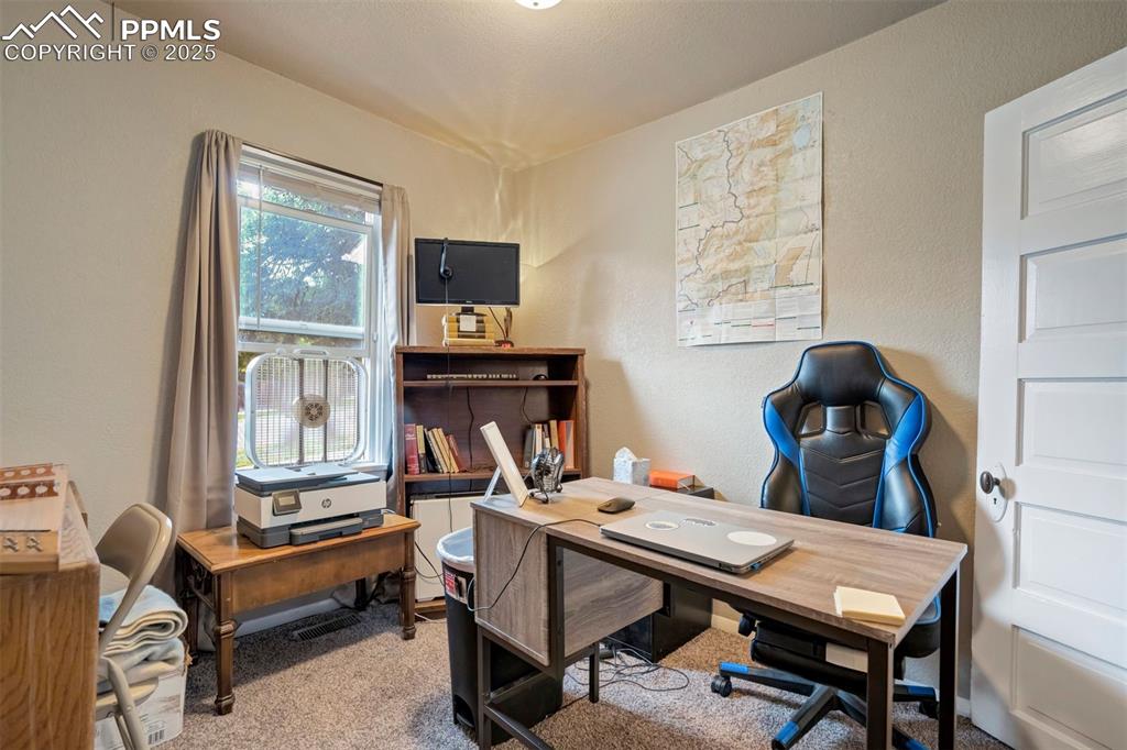 Image 16 of 24: Home office featuring carpet floors and a textured wall