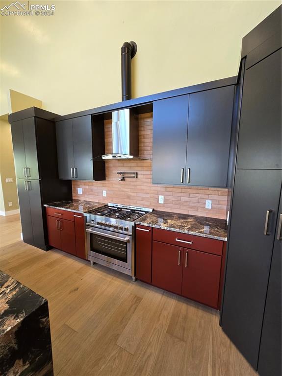 Image 19 of 50: Kitchen with light hardwood / wood-style floors, tasteful backsplash, dark