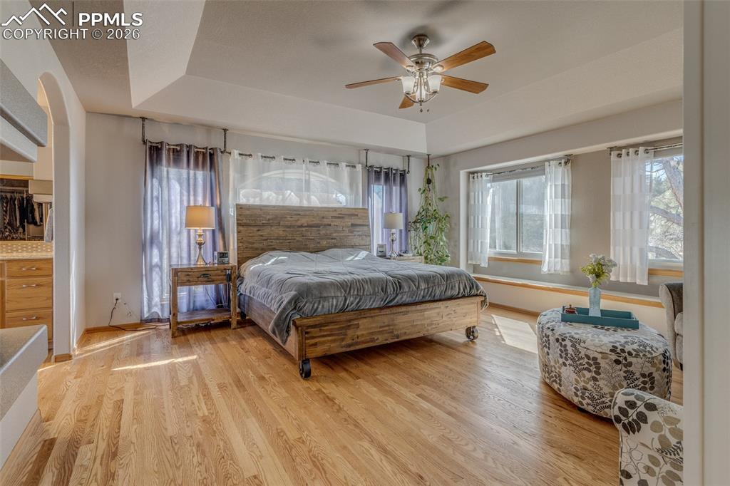 Image 25 of 48: Bedroom with light wood finished floors, a tray ceiling, and a ceiling fan