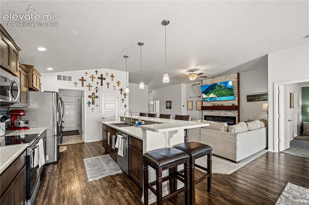 Image 11 of 50: Open-concept kitchen and living area featuring wood-finish flooring