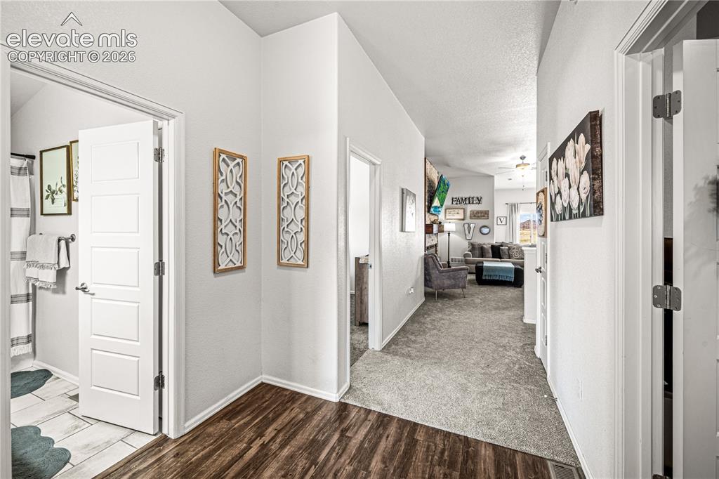 Image 15 of 50: Hallway featuring wood-finish flooring transitioning to carpet, with a whit
