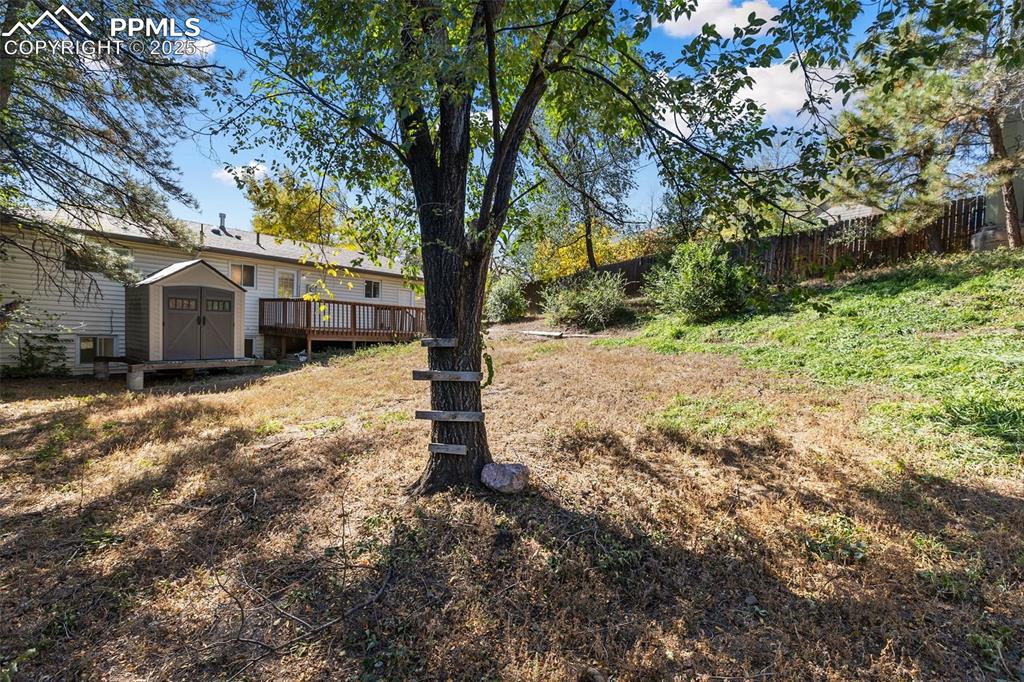 Image 5 of 47: View of yard featuring a storage shed and a deck