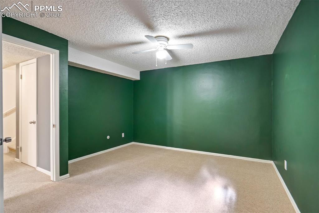 Image 29 of 49: Carpeted room featuring dark green walls and a white textured ceiling