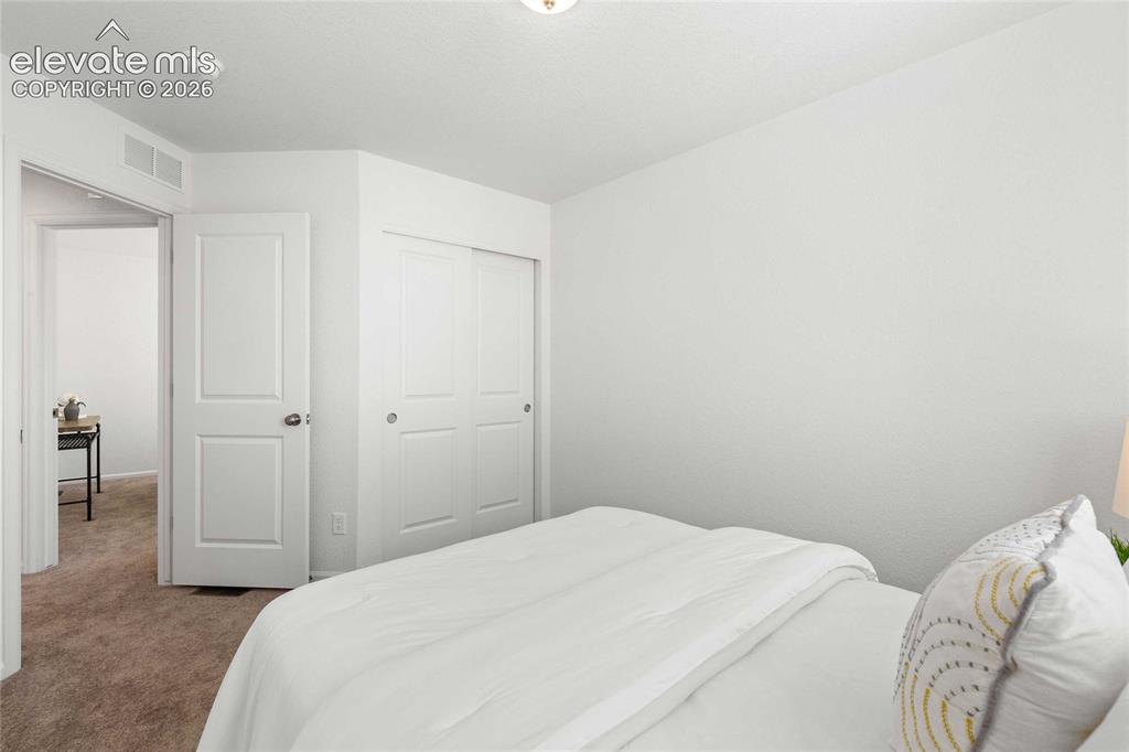 Image 27 of 30: White paneled doors, sliding closet doors, and neutral carpeting
*photos
