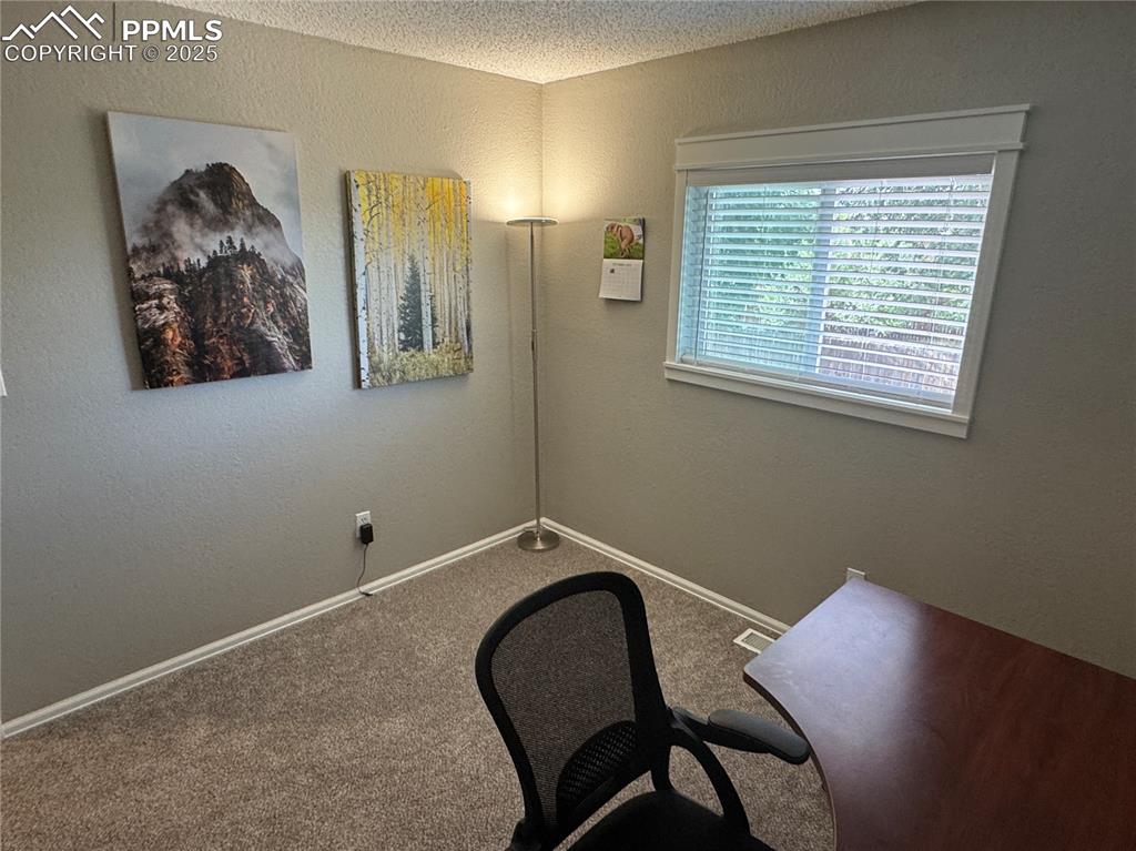 Image 11 of 40: Unfurnished office featuring a textured wall, a textured ceiling, and carpe