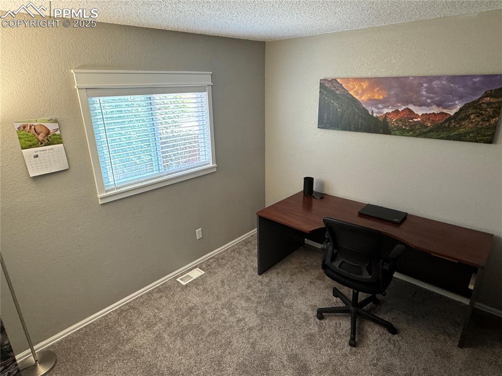 Image 12 of 40: Carpeted office featuring a textured wall and a textured ceiling
