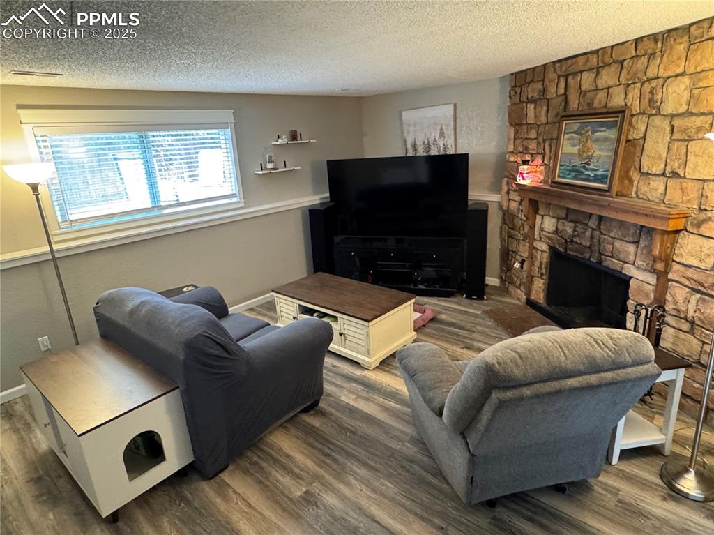 Image 17 of 40: Living room featuring a stone fireplace, wood finished floors, and a textur