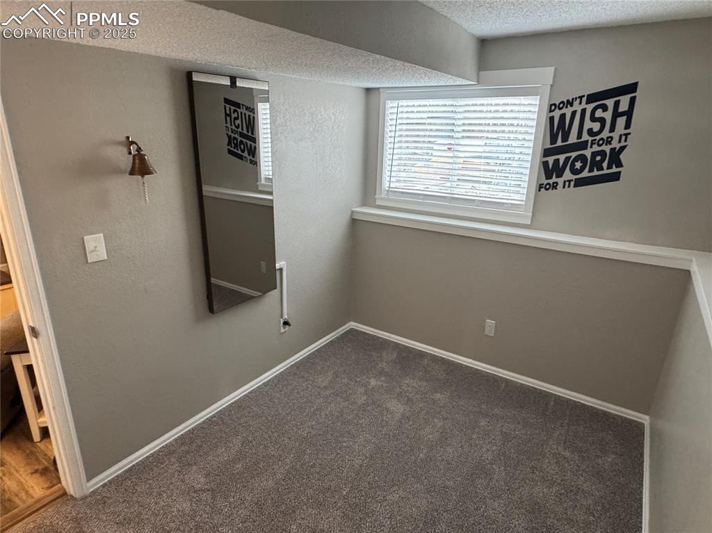 Image 22 of 40: Below grade area featuring dark carpet, a textured ceiling, and a textured