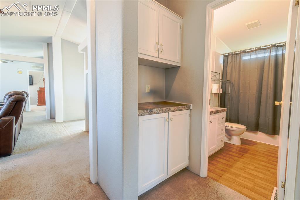 Image 19 of 34: Bathroom with a shower with curtain, light carpet, vanity, and light wood-t