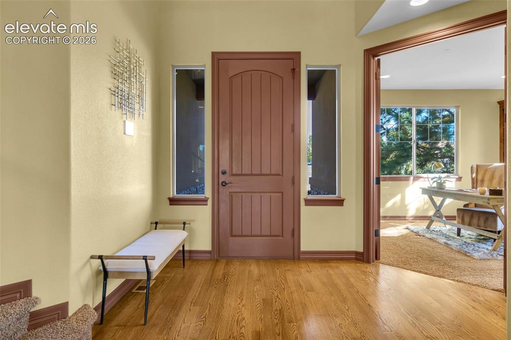 Image 19 of 50: Entryway featuring a solid wood-finish arched-top front door, dual side win