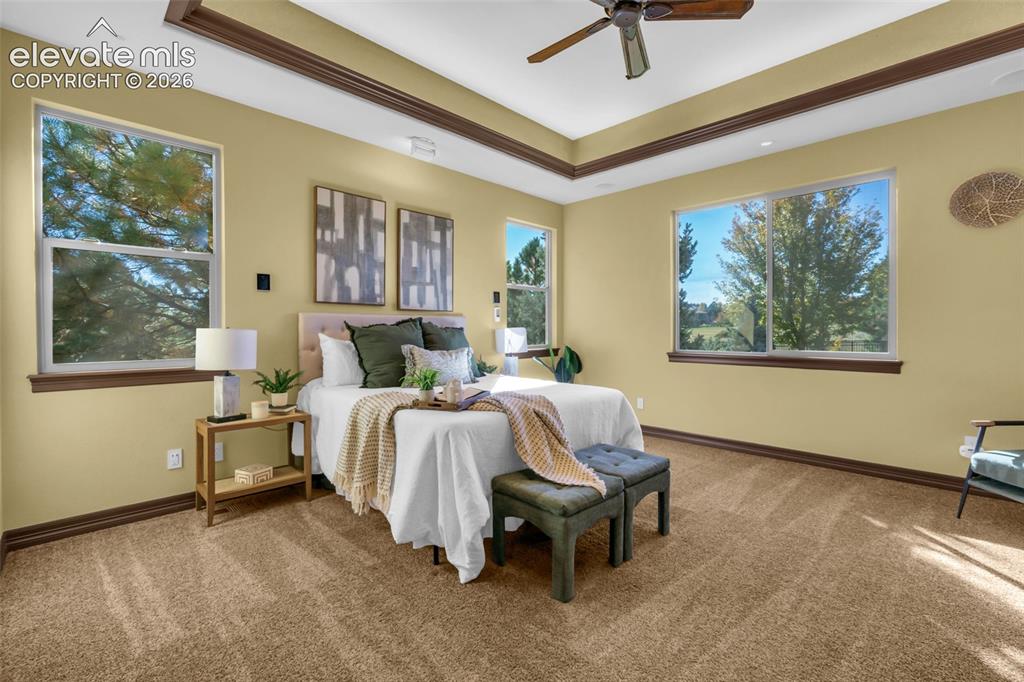 Image 33 of 50: Tray ceiling with crown molding, ceiling fan, carpeted flooring, and oversi