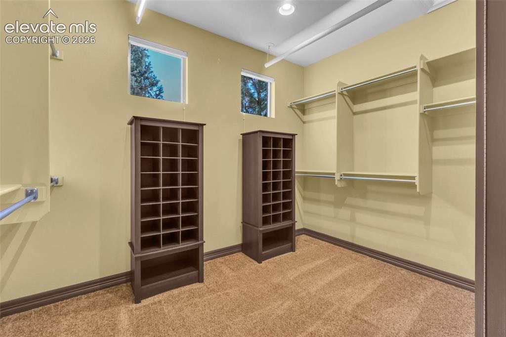 Image 38 of 50: Walk-in storage space featuring built-in shelving towers, wall-mounted hang