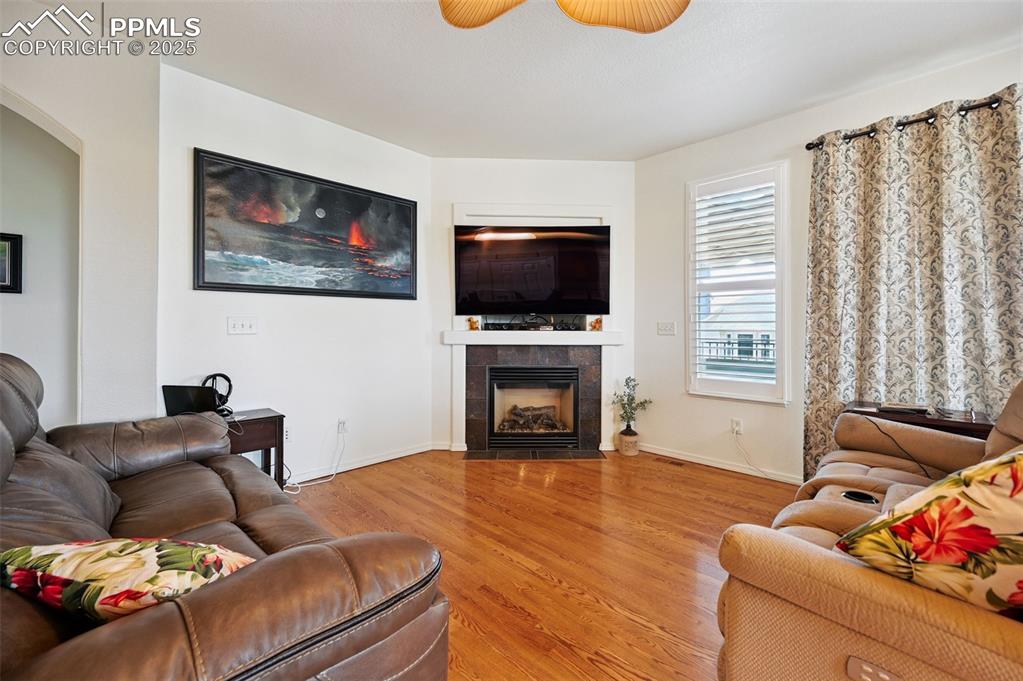 Image 16 of 45: Living area featuring wood finished floors, a tile fireplace, and arched wa