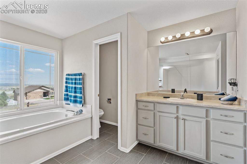 Image 25 of 47: Full bathroom with vanity and a bath