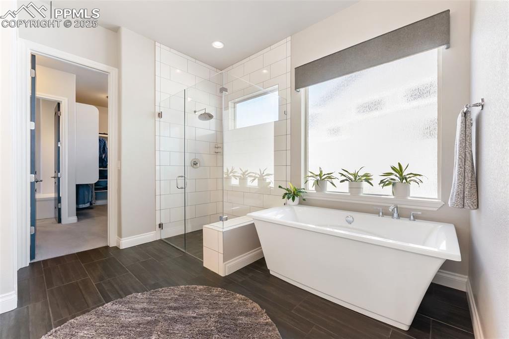 Image 23 of 50: Walk-in shower with no frame and curb along with a large free standing tub