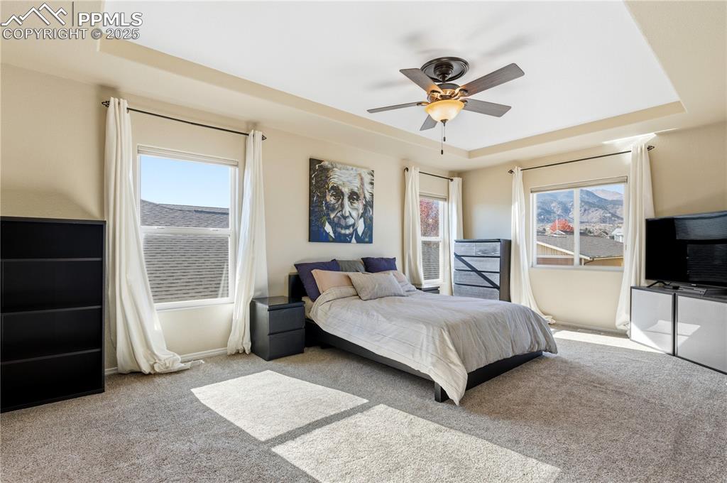 Image 17 of 42: Bedroom with a tray ceiling, light carpet, multiple windows, and ceiling fa