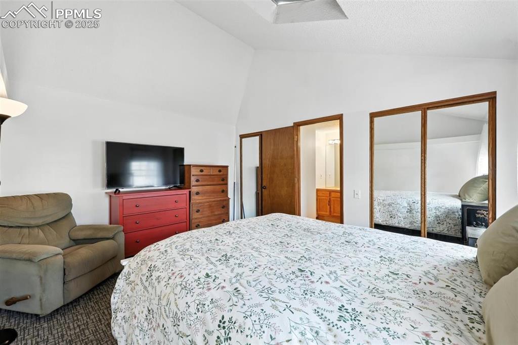 Image 15 of 25: Bedroom featuring high vaulted ceiling, carpet flooring, and two closets