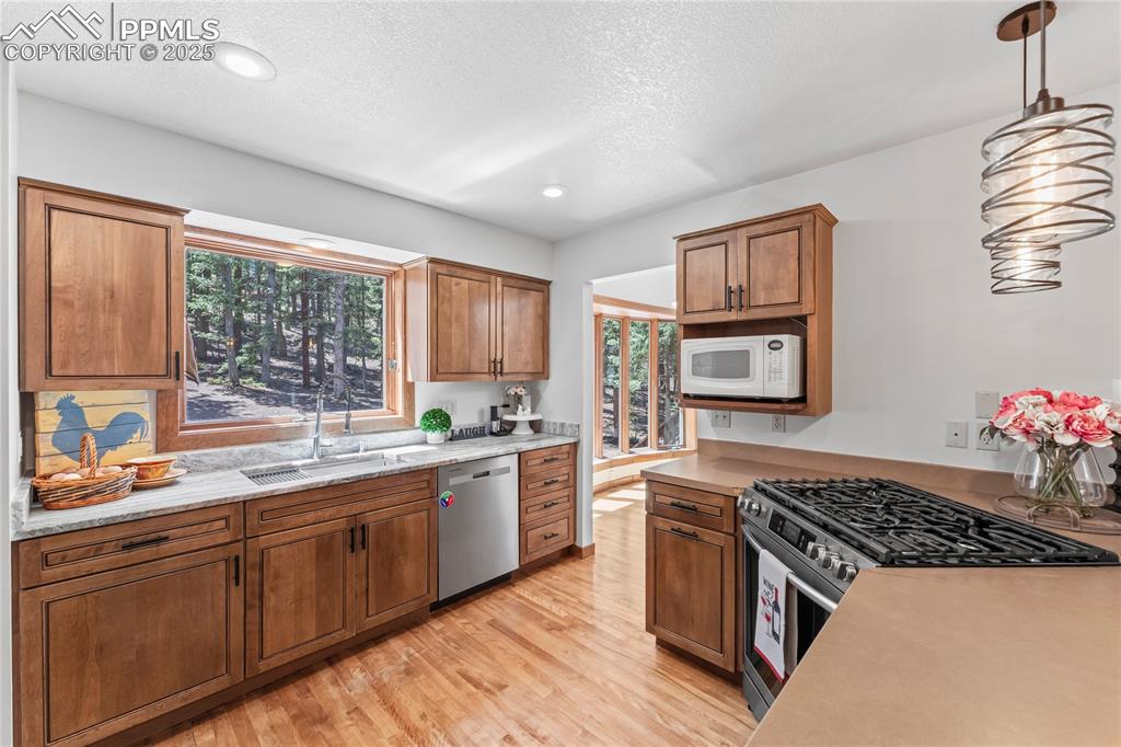 Image 8 of 49: Kitchen featuring stainless steel appliances, light wood-style flooring, pl
