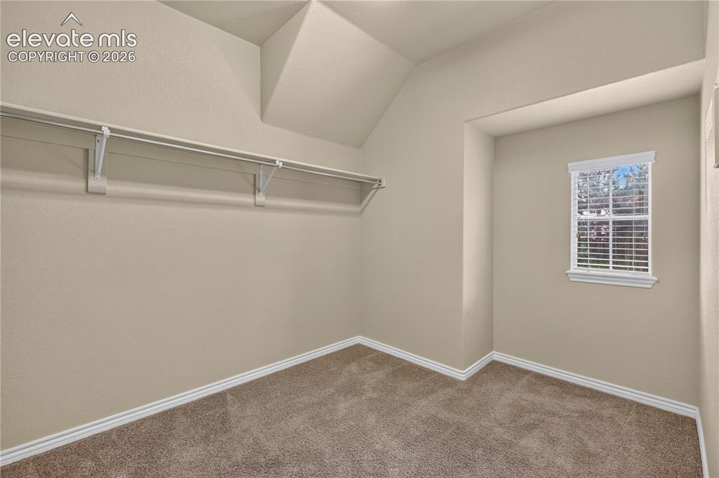 Image 28 of 43: Walk-in storage space featuring neutral carpeting, a single-tier rack syste