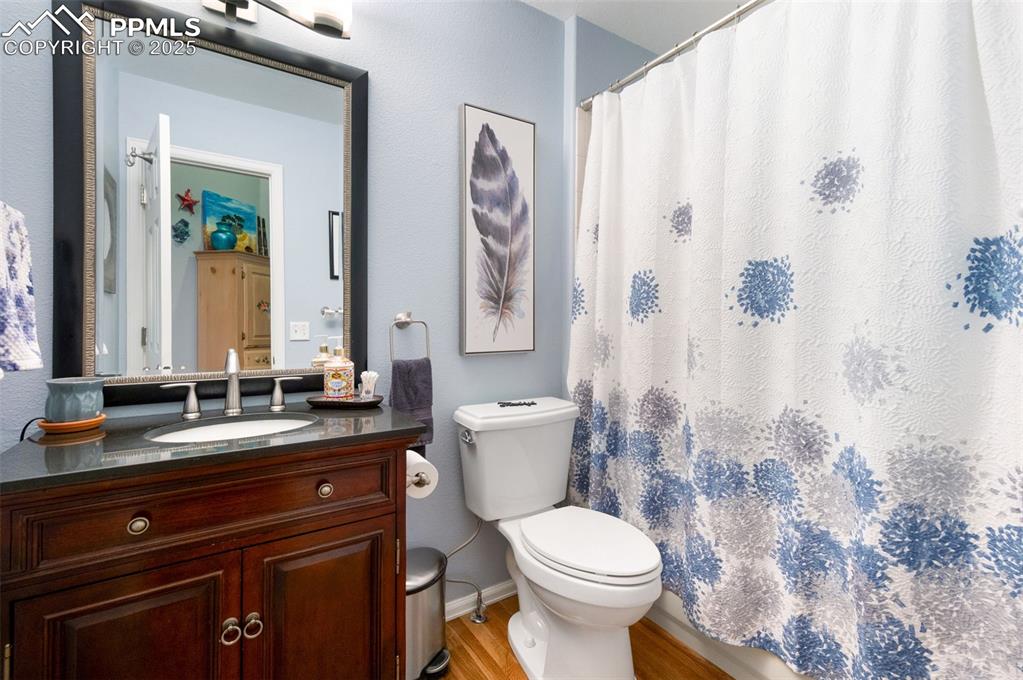 Image 23 of 49: Full bath with wood finished floors, vanity, a shower with shower curtain,