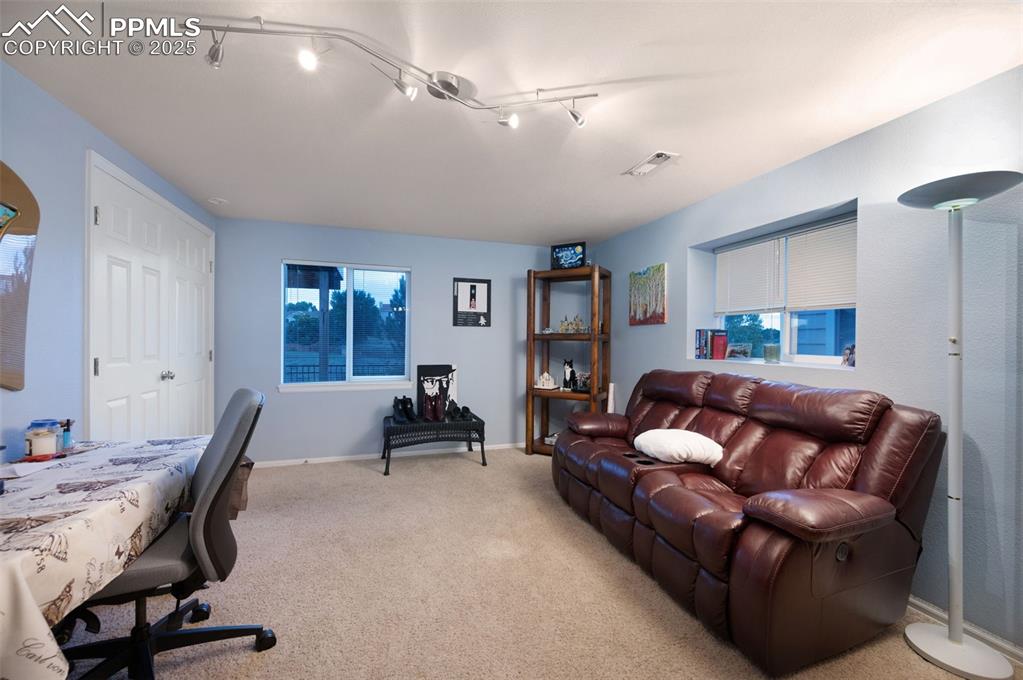 Image 28 of 49: Carpeted home office featuring plenty of natural light