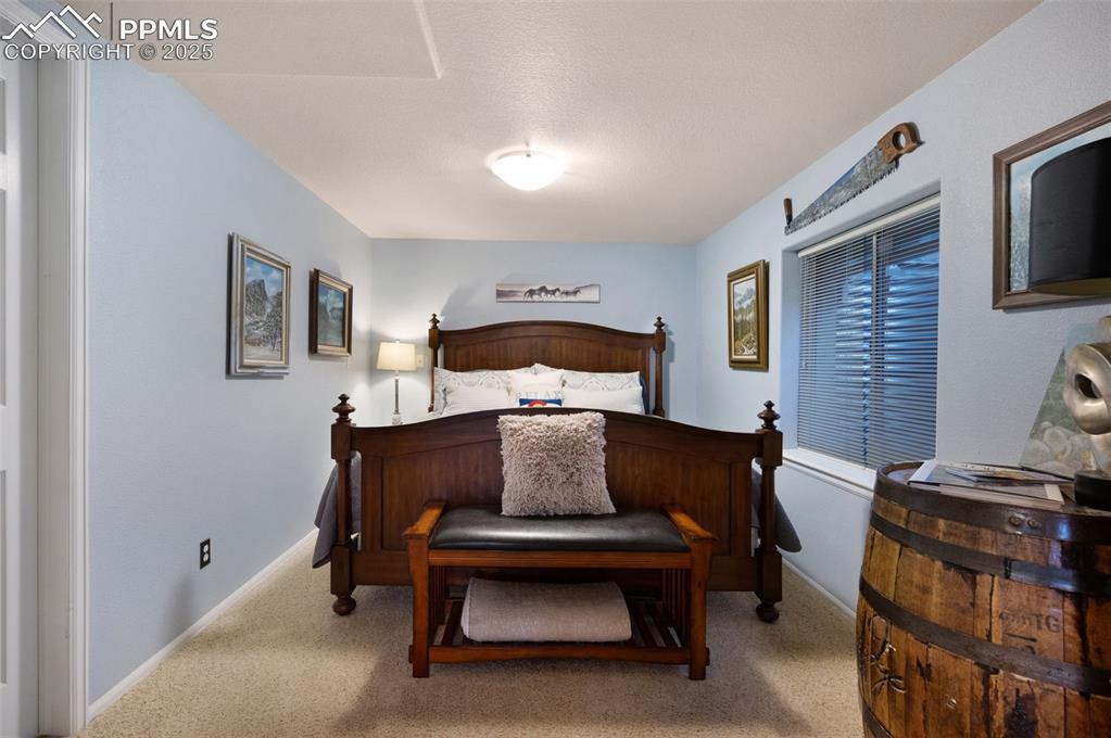 Image 36 of 49: Bedroom with light colored carpet and a textured ceiling