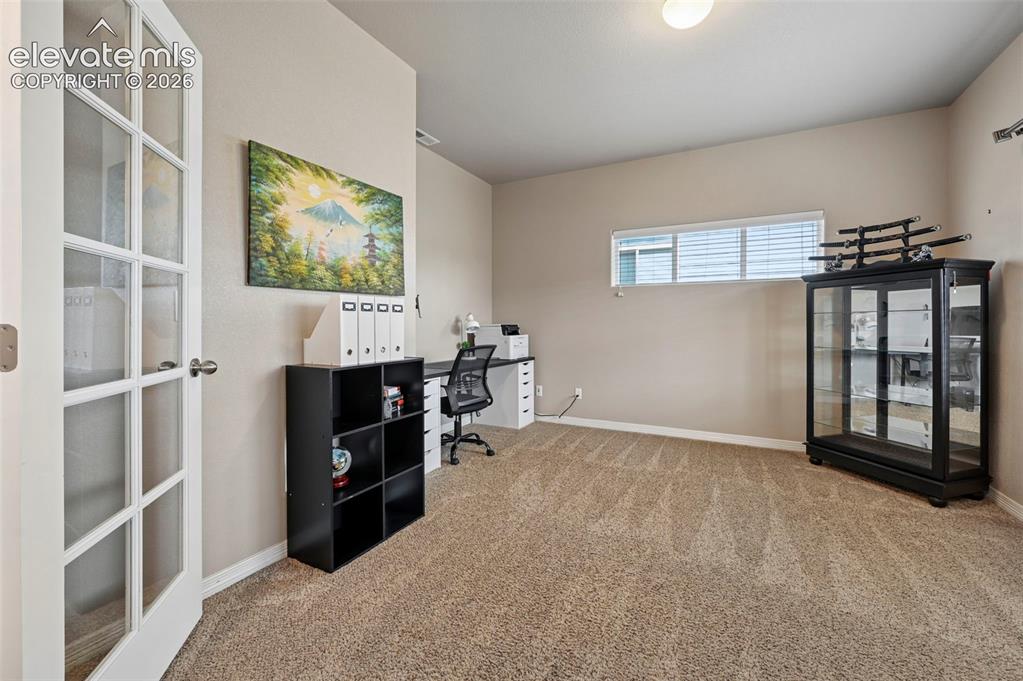 Image 21 of 24: Room with textured carpeting and light neutral wall paint