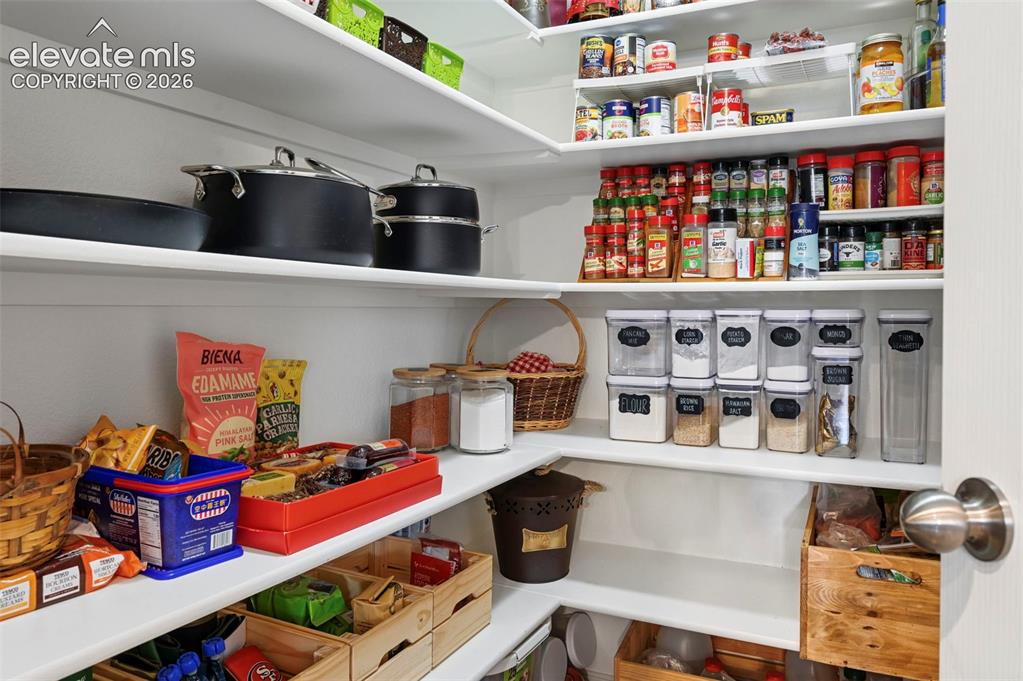 Image 6 of 24: Pantry featuring extensive shelving, built-in storage, and a white finish