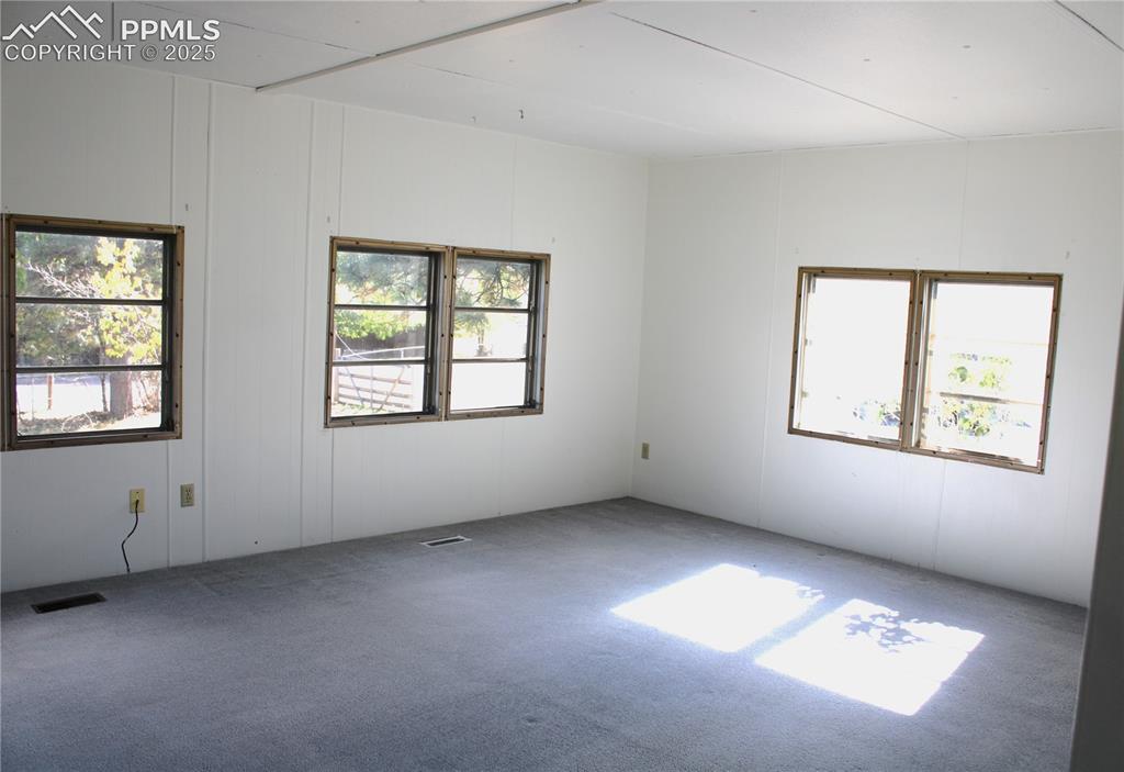 Image 7 of 20: Carpeted living room featuring a decorative wall