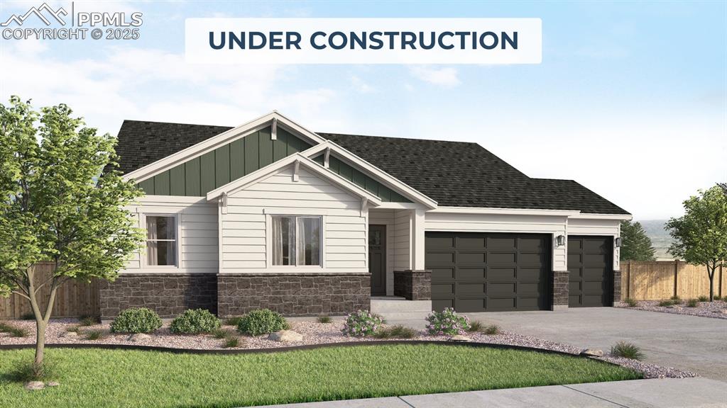 Caption: Craftsman inspired home featuring an attached garage, stone siding, driveway, roof with shingles, an