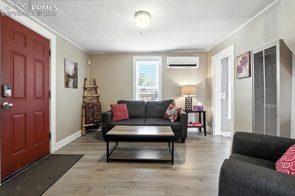 Image 36 of 48: Living room with light wood finished floors, a heating unit, crown molding,