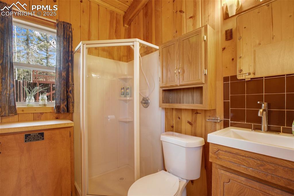 Image 17 of 38: Full bathroom featuring wood walls, toilet, and a shower stall
