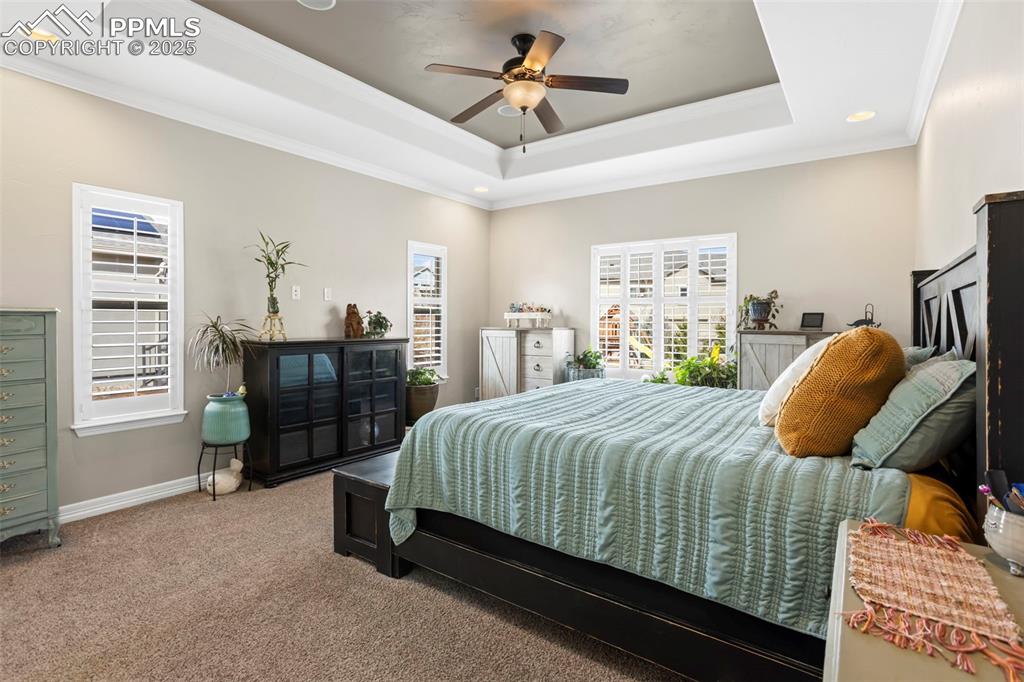 Image 13 of 47: Carpeted bedroom with a tray ceiling, a ceiling fan, baseboards, and orname