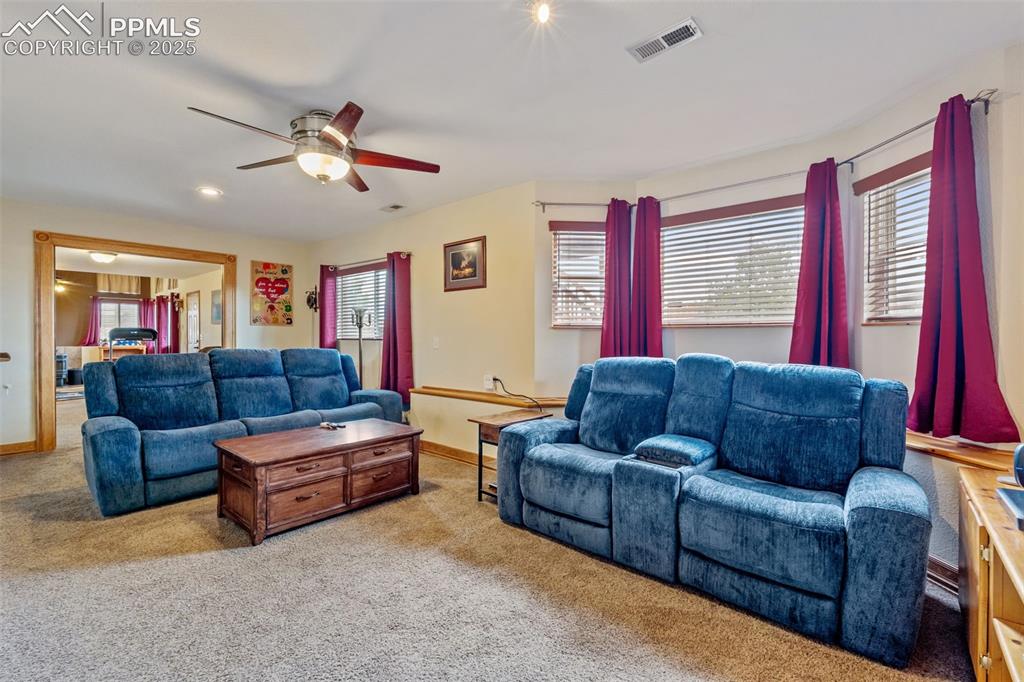 Image 19 of 38: Bright lower-level living room with multiple windows
