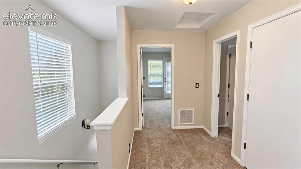 Image 14 of 27: Carpeted hallway with a natural light window, white trim, and multiple door